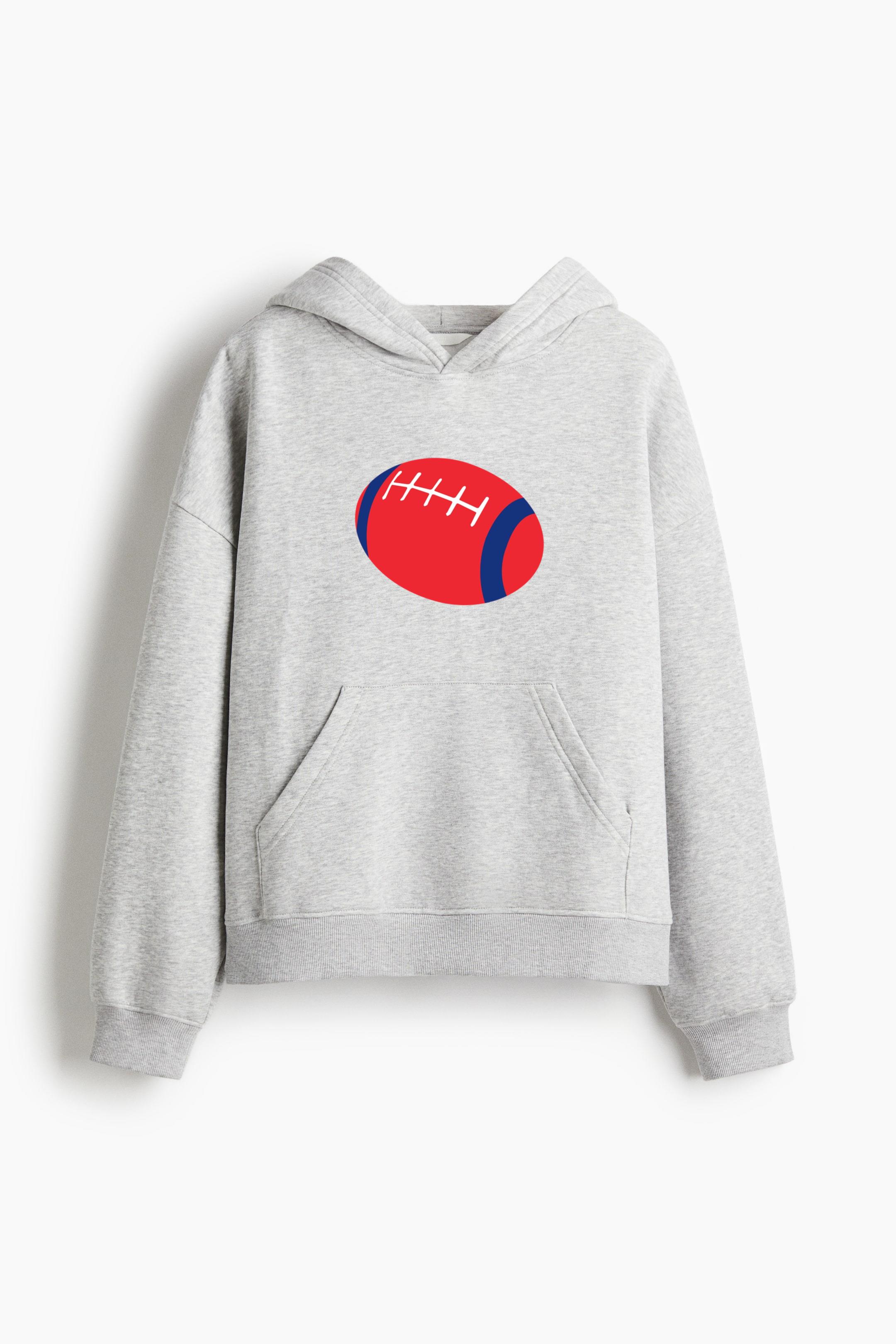 Blue Red Rugby Ball Oversized Fit Printed Hoodie
