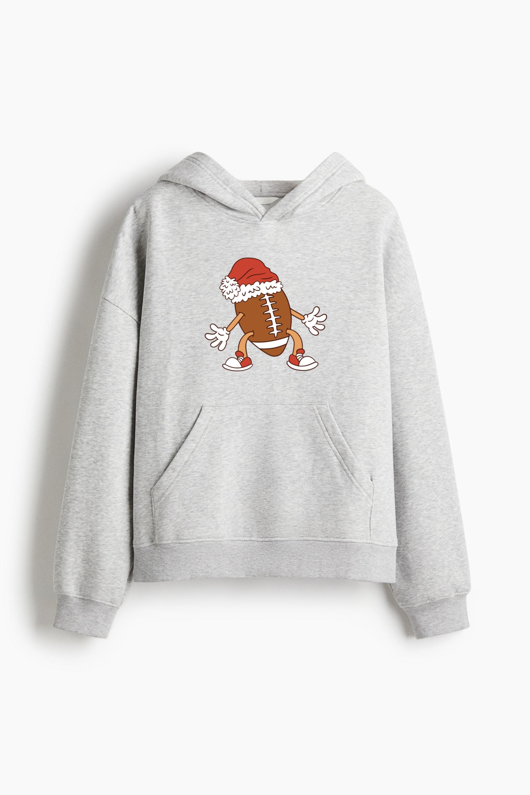 Cartoon Football In A Santa Hat Oversized Fit Printed Hoodie