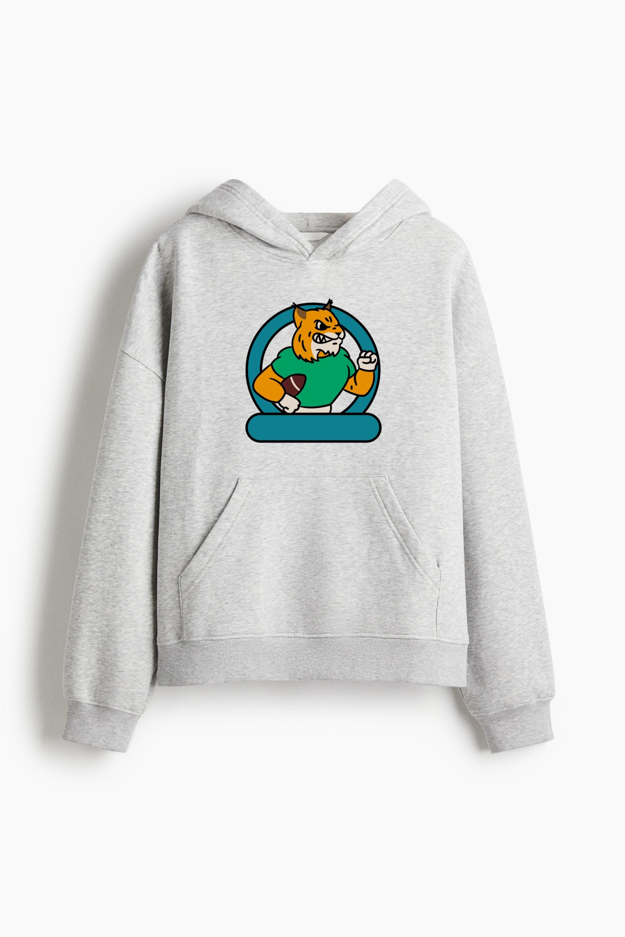 Cartoon Tiger Holding A Footballs Oversized Fit Printed Hoodie