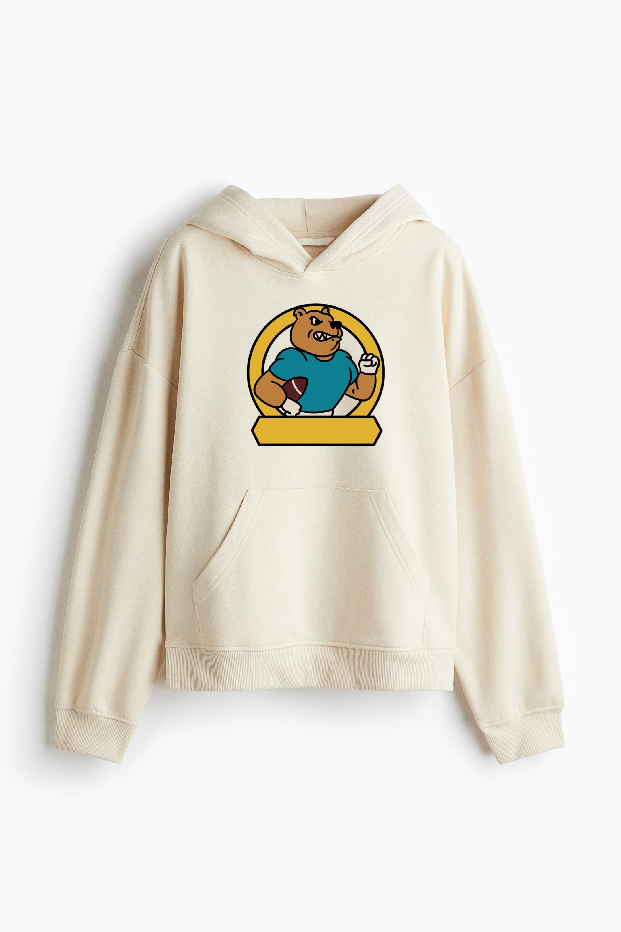 Teddy Bear Holding A Football In A Circle Oversized Fit Printed Hoodie